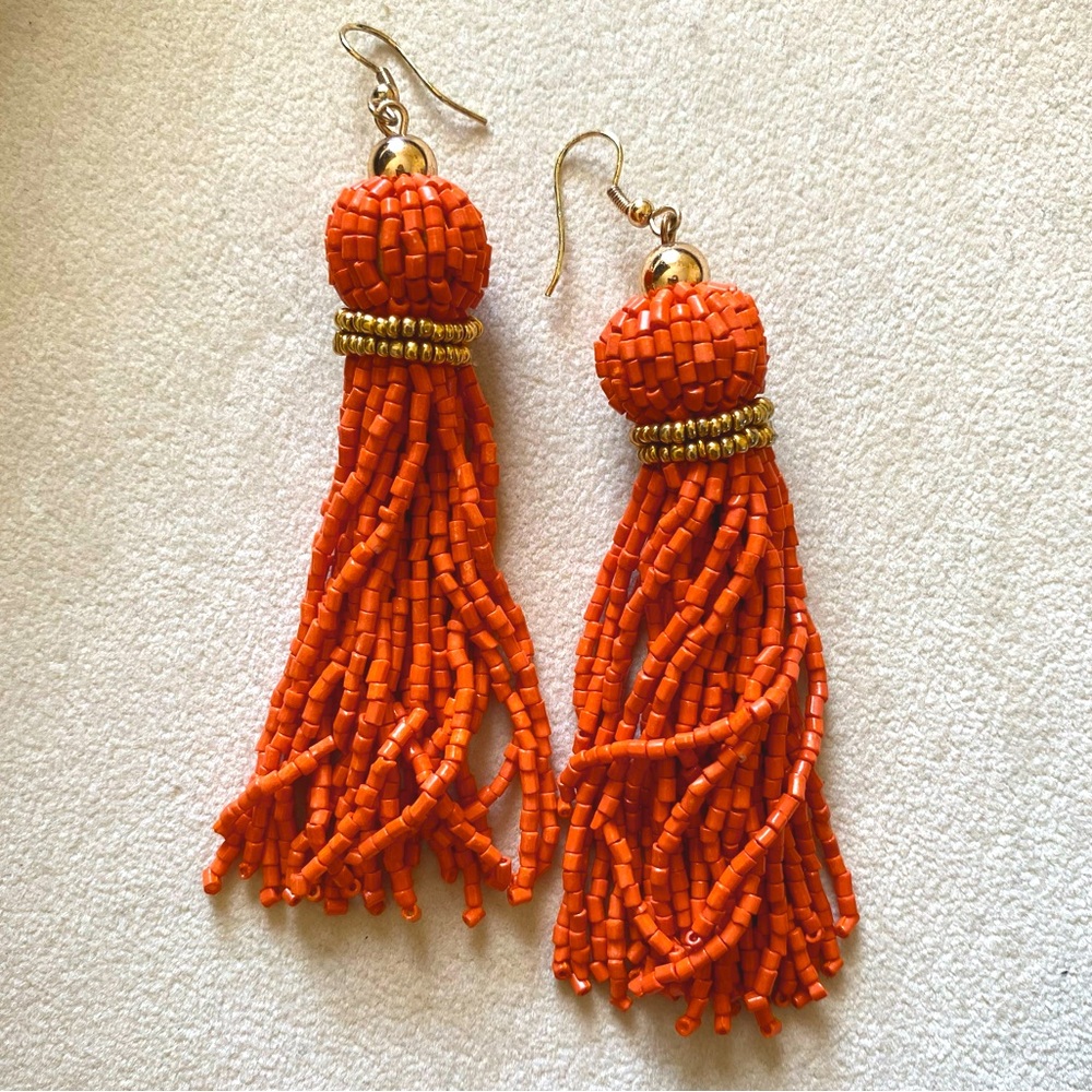 Tassel Earrings - big statement orange beaded tassel earrings with gold accents